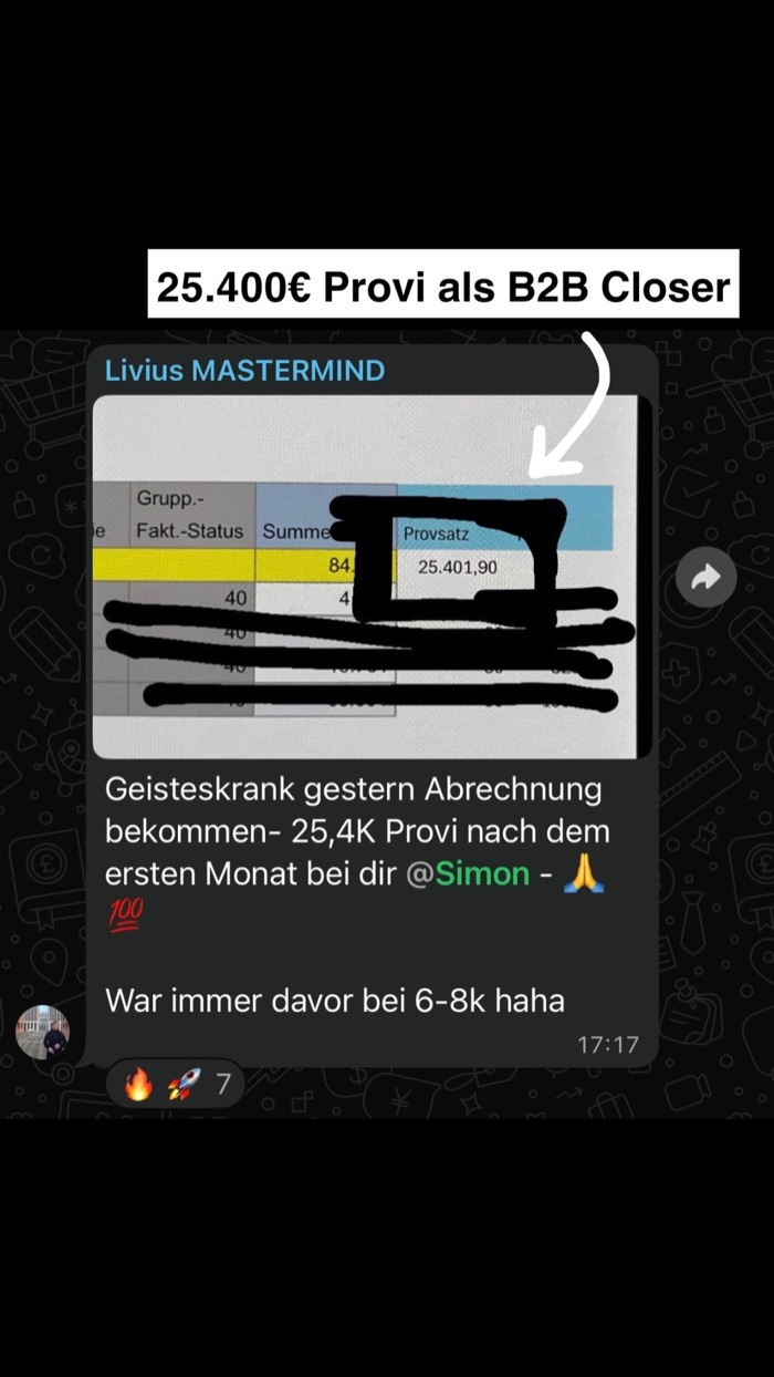 WhatsApp-Nachricht von Livius: 25,4K Provision nach dem ersten Monat